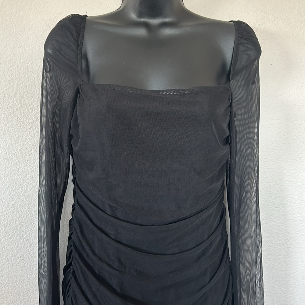 Princess Polly Charvi Black Mesh Long Sleeve Square Neck Ruched Mini Dress - Picture 5 of 11